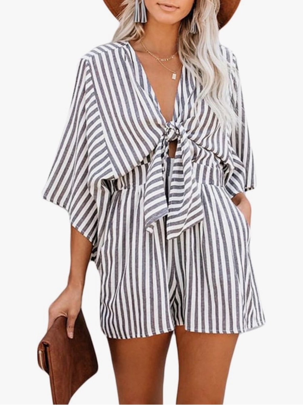 AlvaQ Striped Tie Front Romper XXL Gray White Bell Sleeve Beach Boho